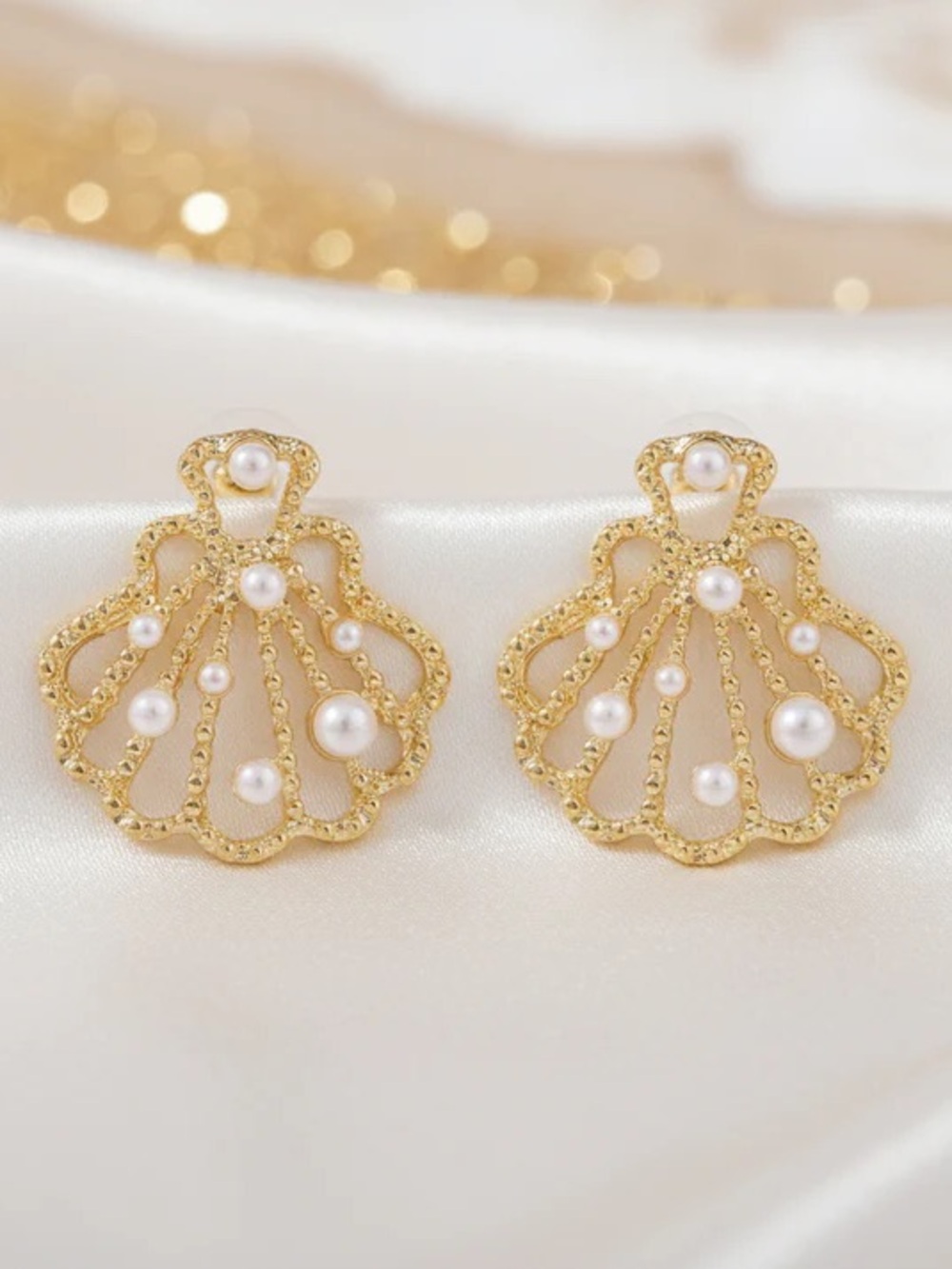 Gold Pearl Shell Drop Earrings -